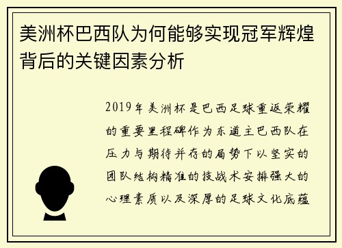 美洲杯巴西队为何能够实现冠军辉煌背后的关键因素分析