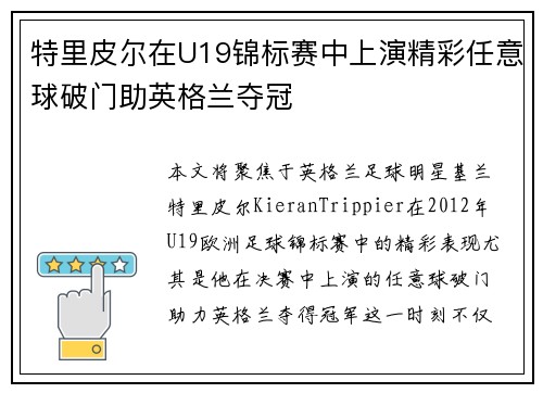 特里皮尔在U19锦标赛中上演精彩任意球破门助英格兰夺冠